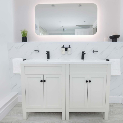 Downstairs bathroom Jack and Jill sinks and mirror